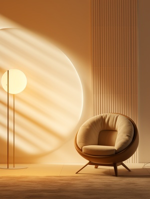 cream,round,rug,in,an,upright,natural,leather,chair,,in,the,style,of,japanese,minimalism,silhouette,lighting,,minimalist,staging,,use,of,screen,tones,,golden,light