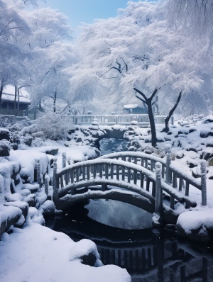 冬日雪景，南方小桥流水人家，唯美宁静