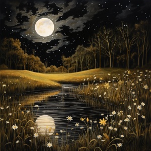 深夜的月光下，星星点点的草地小溪