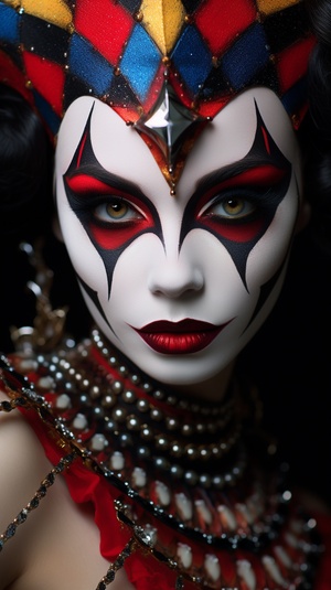 a stunning menacing female harlequin jester, in full makeup, and her custume.