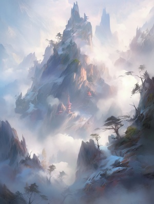神秘仙境中的石头和山雾