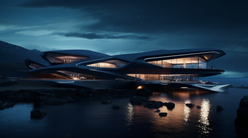 Science fiction black modern building situated on the sea, styled in 32k UHD, realistic and ethereal, made of glass, with a clean and clear design, cinematic composition, with a theme of adventure, sharp edges and realistic use of light and colour –ar 2350:1000 –v 5.2 –style raw –s 50