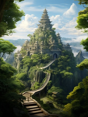 苍天绿树中高耸的寺庙
