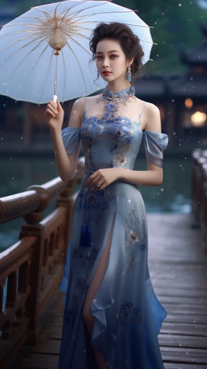一个20岁的美女，盘着头发，漂亮的发簪，美丽的耳环，漂亮的蓝宝石项链，穿着漂亮的淡蓝色修身旗袍，面向观众，全身照，双手撑着一把雨伞，站在湖边的木桥上，超高清，超分辨率，大师杰作。