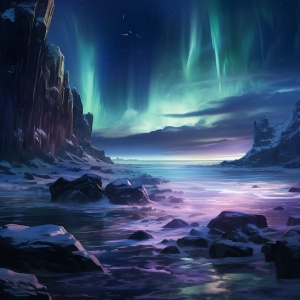 寂静的冰岛，高耸的悬崖，漫天飞舞的风雪，阳光阳光下闪烁的冰柱，海面上涌起的碎冰，极光一闪而过极光一闪而过