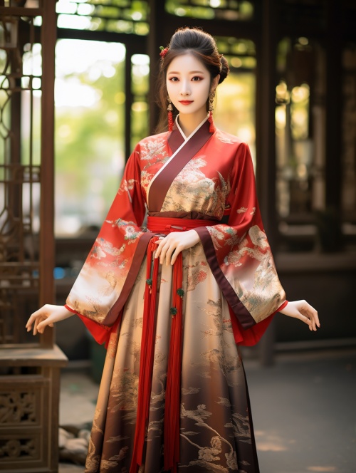 一个中国女性，漂亮的五官精致，，高档优雅有气质，全身图，服装融入现代女装元素，中国风元素占比三分之一，现代装元素占比三分之二，秋冬季服饰，简约大气，马面裙类风格，高清画质