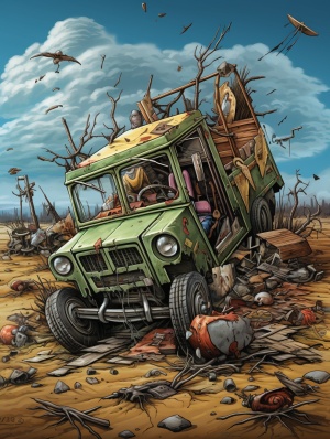 golf carts in action, in the style of realism with surrealistic elements, lowbrow, green and crimson, post-apocalyptic, highly detailed realism, cartoon realism, kimoicore