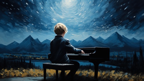 picture of a young boy playing the piano, in the style of the stars art group (xing xing), dark sky-blue and sky-blue, innovative page design, huang guangjian, panoramic scale, movie poster, realistic depiction of light