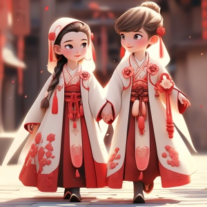 Traditional Oriental Couple in Cartoon-Like Style