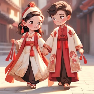Traditional Oriental Couple in Cartoon-Like Style