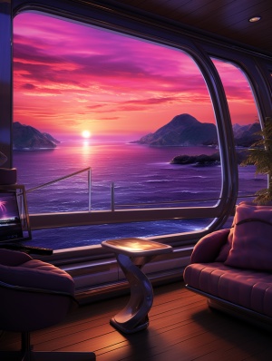 游艇上的大大窗口，看到外面紫色的晚霞和湖面
