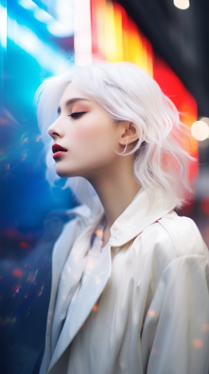 a woman posing with white hair in the city, in the style of dain yoon, softly luminous, elegant, emotive faces, glimmering transformation, diverse color palette, sharp focus, glowwave
