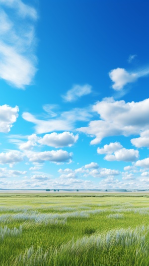 蓝天白云下无边无际的大草原，视野宽阔，8K，广角