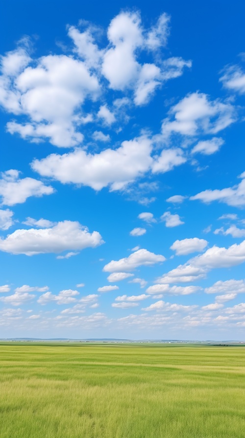 蓝天白云下无边无际的大草原，视野宽阔，8K，广角