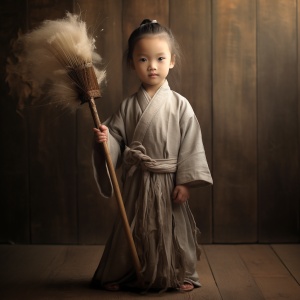 a child in an asian costume holding a broom, in the style of photobashing, zen-inspired, matte photo, photo