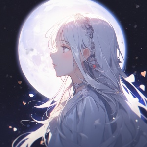 在月光下的一个女孩，白色头发，仰望着月光