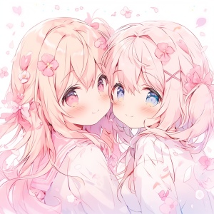 two anime girls with pretty faces and pink hair, in the style of light white and light beige, childlike innocence, subtle use of shading, applecore, whistlerian, kawaiipunk, light whitetwo anime characters in an animated way, in the style of kawacy, soft and dreamy tones, light pink and light beige, shiny eyes, applecore, magali villeneuve, childlike innocenceneko kora no tai otakuseku, in the style of soft and dreamy tones, kawacy, delicate portraits, cute and dreamy, applecore, light red and l, in the sty