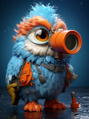 a blue character with a telescope, in the style of sky-blue and orange, hyper-realistic animal illustrations, toycore, inventive character designs, warmcore, action-packed cartoons, moyoco anno