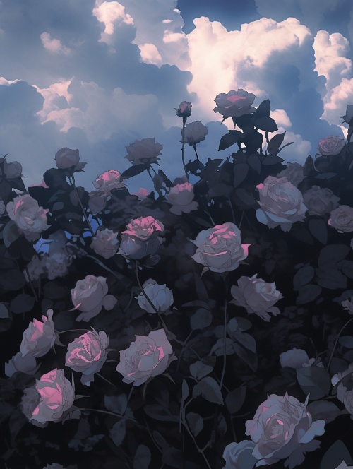 充满治愈感的黑色玫瑰花海，特别漂亮的云朵。