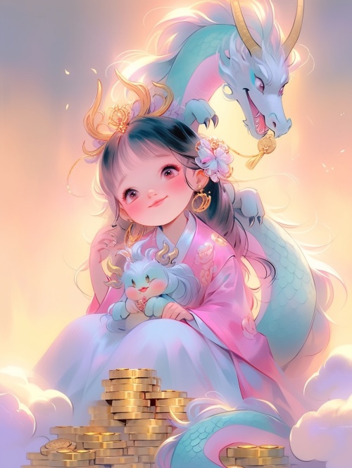 three cute chinese dragons sit on top of someone's lap, in the style of rococo pastel hues, concept art, fairy kei, pilesstacks, ethereal cloudscapes, shiny eyes, furry art