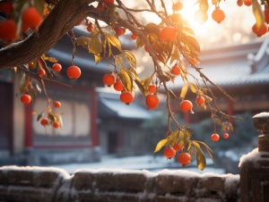 a huge persimmon tree in the corner of the city, hung with red persimmon persimmon covered with snow, rising sun, jiangnan ancient town traditional landscape quiet, beautiful, high details, soft moonlight, soft color, soft light, 8k, new happiness, deep details, detail level clear, high quality, high definition, new love rendering, hd v 5.2 ar 2:3