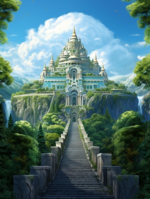 苍天绿树下的高耸寺庙