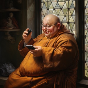 一个胖胖的小和尚，穿着袈裟，戴眼镜，双手拿手机，斜眼看着窗外。