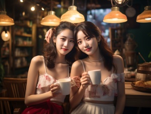 两个青春靓丽的中国女孩，开心快乐在咖啡厅聚会，喝咖啡， 8k 画质，高清，电影质感