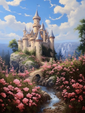 梦幻城堡与玫瑰花海：大师级油画