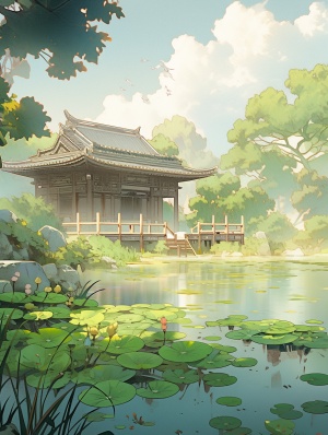 一块长方形的池塘，清澈的像面镜子，郊外，中国田园风，中国插画风，超高清