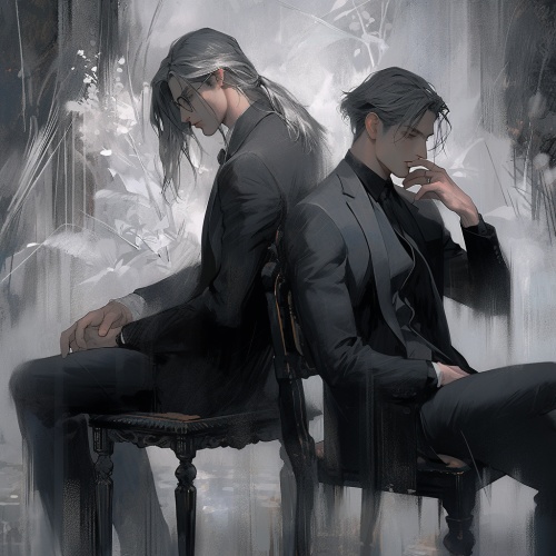 2个男人，哥特风背景，一个男人坐在椅子上，另一个穿黑西装的男人站在椅子后，负手站立，英俊帅气。