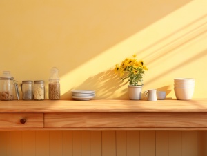 一个简单的厨房，长木桌，浅黄色的墙壁，墙上的一些调味品，柔和的阳光，中央构图，高分辨率，前视图，超级细节