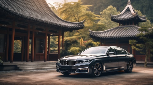 A BMW 760, metallic, spacious, bright, commercial photography, large scenes, ambient light, ancient Chinese architecture, gardens, bamboo, rockery, bright car lights, real photos, rich details, cinematic atmosphere, cinematic light, central composition, frontal view, depth of field, 8Kar 16:9