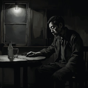 昏暗的月光，尽显一份凄凉之感。中国中年男人独自坐在桌子前面饮酒，心中充满生活的无奈和郁郁不得志的惆怅