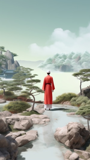 A,man,in,Hanfu,stands,next,to,a,red,man-made,structure,in,flowing,landscapestyle,Song,Dynasty,Gongbi,landscape,painting,,rendered,in,cinema4d,,organicflowing,form,,lunar,surface,,light,green,and,white,,Mediterranean,landscape.wavy,resin,sheet,ar,3:4