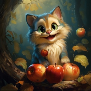 大眼睛苹果笑容满面，手持猫咪