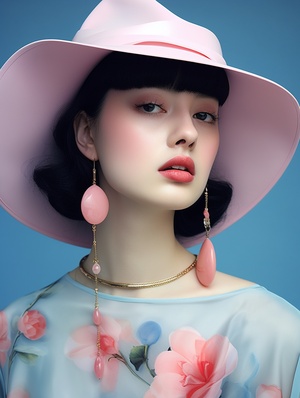 Chinese girls wear pink rose and blue sky hats, in striking resin jewelry, fashion illustrations, real life portraits, gemstones, elegant smiling figures, exaggerated features, yellow and aquamarine styles