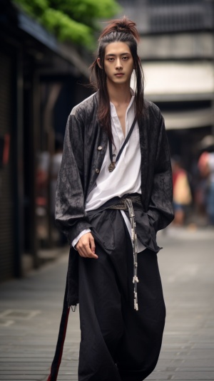 中国男生，30岁，身材高大，中长发，发带。布鞋，穿着一套黑色花纹汉服，全身照，站在街上，超分辨率，超高清，大师杰作。