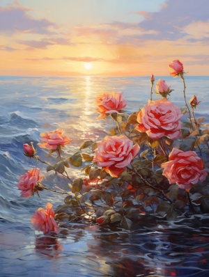 玫瑰花与大海：波光粼粼的夕阳下的油画世界