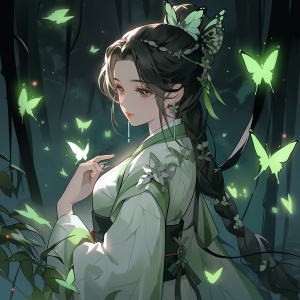 在漆黑的夜晚，一个女孩，绿色蝴蝶，绿色汉服
