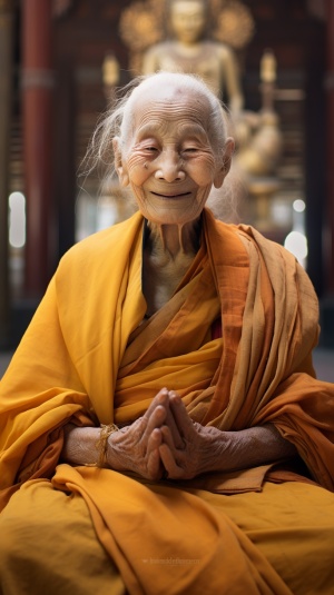 一名98岁的中国得道尼姑打扮成一名佛教僧侣，白发苍苍，非常慈爱，非常慈祥，满脸皱纹，背景是寺庙，上身照片，双手合十拜佛，对着镜头，32k uhd，浅黄色和深棕色刺绣衣服-ar