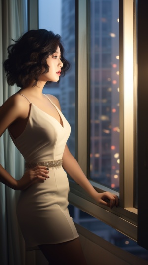 肥胖的中式美女站在窗户前