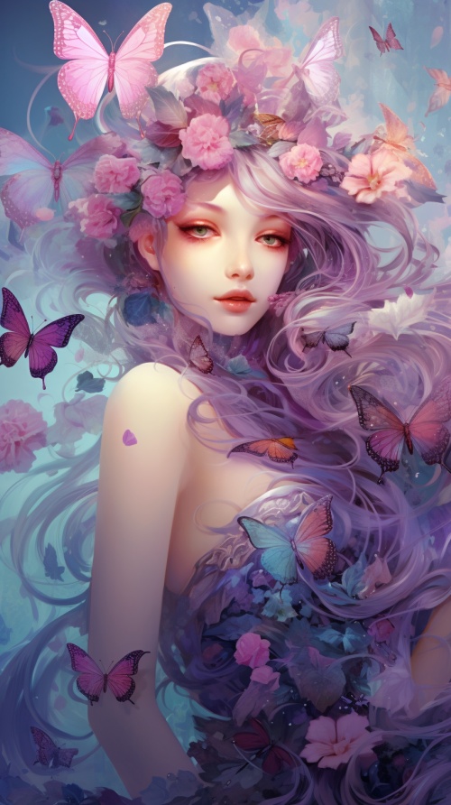 紫色，紫色和粉红色的蝴蝶和花朵，在发光和梦幻般的场景的风格中，浅银和浅金，浪漫的情感，浅白和浅蓝，flickr，32k ，uhd图像，发光的笔触。幻想的插图，，以精致的幻想世界，精致的花朵，yuumei，ruth sanderson的风格，闪闪发光。