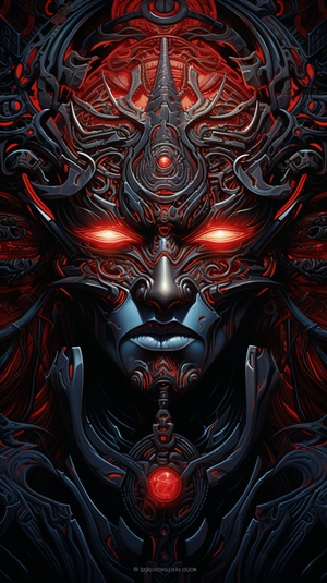 A close up of a cyclops wearing an amulet, symmetrical epic art, symmetrical portrait, in style of art, highly detailed art, ornate dramatic devil wing amulet, detailed digital 2d art, dan mumford and alex grey style, intricate armor, in the style dan mumford artwork, symmetric concept art, face of an black-armored villain, cyberpunk, on a deep red and black mechanic temple