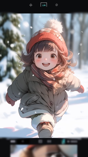 可爱的3岁小女孩在雪地里开心奔跑
