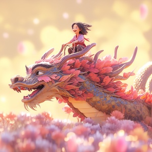 Super wide Angle, long shot,a very beautiful little Chinese girl riding on the head of the dragon, wearing gorgeous Han Chinese Clothing,Pink, Light yellow,Lavender color,movie light, super details,Tin foil gold,minimalism,Chinesedragon,C4D rendering,Surrealism,master works, movie lighting, Ultra HD, fine details, colorgrading32K HD ar 3:4niji 5s 180