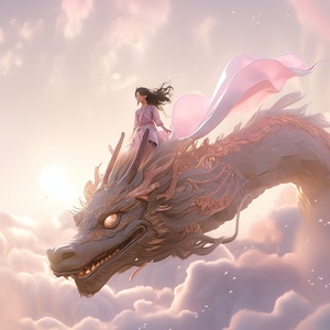 Super wide Angle, long shot,a very beautiful little Chinese girl riding on the head of the dragon, wearing gorgeous Han Chinese Clothing,Pink, Light yellow,Lavender color,movie light, super details,Tin foil gold,minimalism,Chinesedragon,C4D rendering,Surrealism,master works, movie lighting, Ultra HD, fine details, colorgrading32K HD ar 3:4niji 5s 180