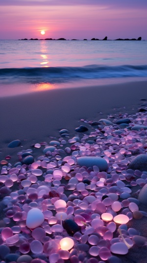 月光下美丽的海滩上的彩色山茶花和鹅卵石