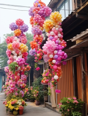 Balloons of seven-colored flowers are suspended from buildings in a Chinese village, in the style of Oku art, romantic hanging flower patterns in the sky, handcrafted beautiful fairy garden, unique and one-of-a-kind works, East Village Art, 【 Si Kongzhen 】 (https:goo.glsearch? artist%20qiu%20shengxian), muralist, ya, photography, 8k resolution, HD, Photo, photography, soft light, Best picture quality, High quality, High detail, HD, Crazy detail, Ultra HD quality 3:4