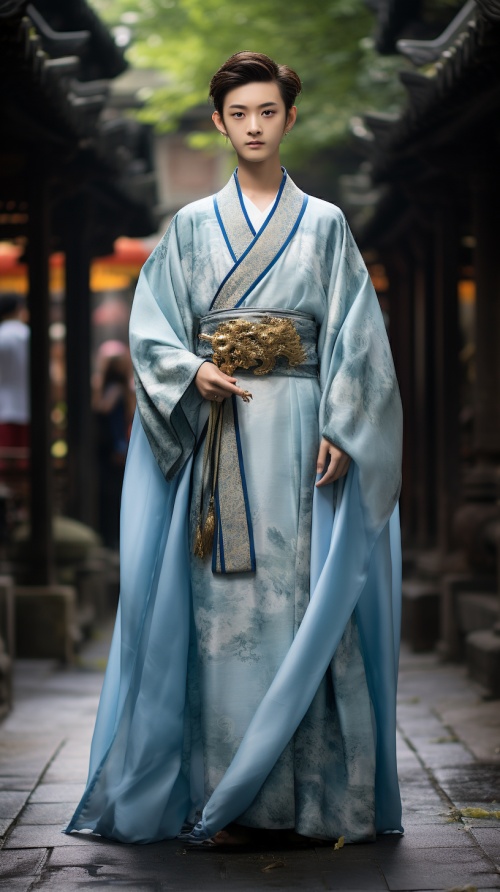 男生、少年，20岁，中国，高大师气，五官端正，古代发饰，穿着华丽的浅蓝色古代汉服，站在街上，全身照，超高清，超分辨率，大师杰作。